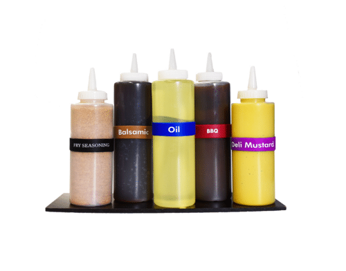 5 sauce bottles with reusable custom flavor bottle bands as labels
