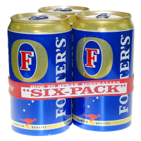 Three large blue and gold beer cans bound together with a red silicone band. The band has white text that reads "six-pack"