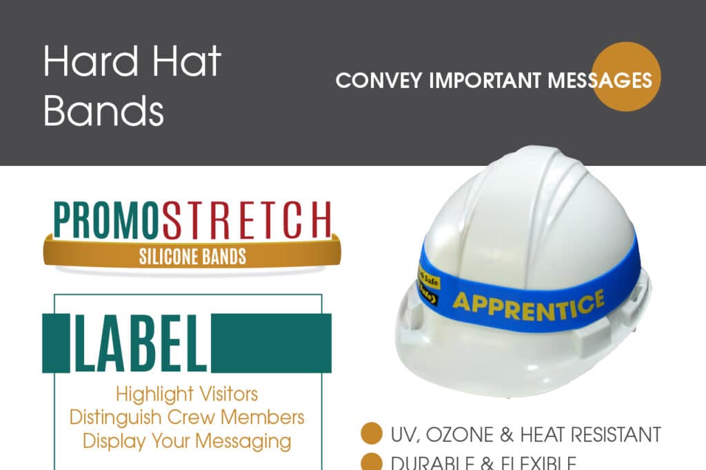 one sheet for promostretch hard hat bands demonstrating an image with them on a hard hat reading "apprentice"