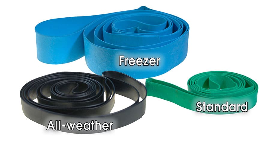 three types of pallet bands laid out - freezer (blue), all weather (black), standard (green)