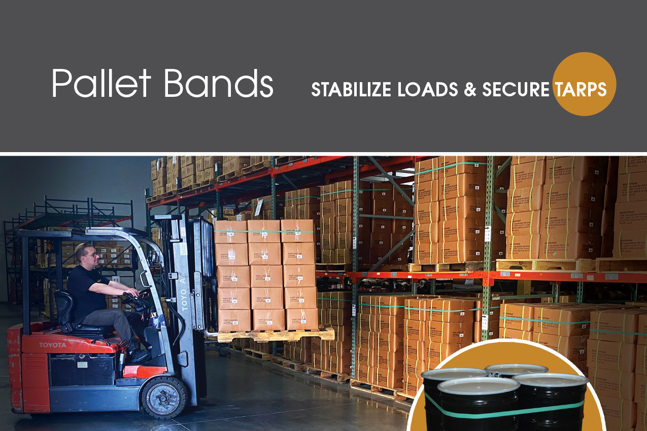 Pallet Bands One Sheet with warehouse and forklift lifting boxes with pallet band onto shelving