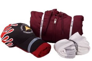 Hat and t-shirt bundle, hoodie bundle, & sock bundle.