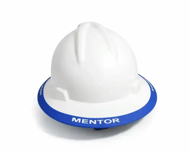 Blue hard hat band on a full brim hard hat