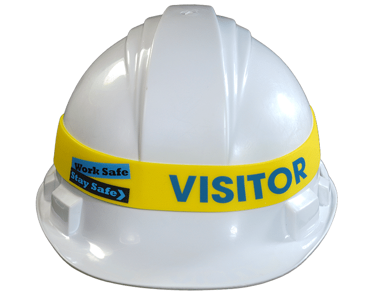 A yellow Hard Hat Band with the word "Visitor" printed on the band in blue